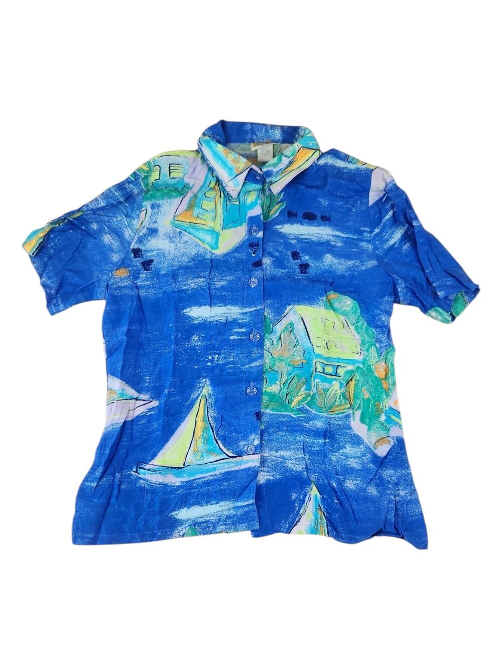 Vtg Sea Suns Rayon Button Front Top Medium Bright Watercolor Artsy Boat House